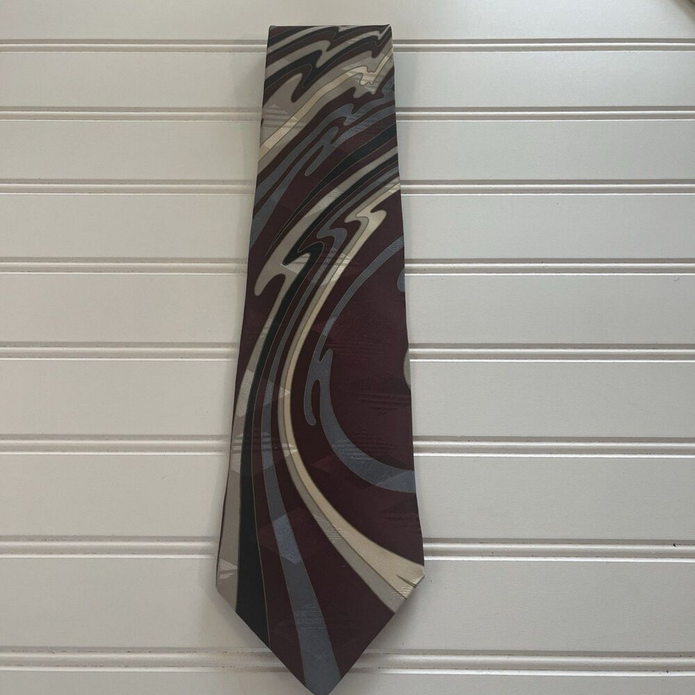 Zylos George Machado 100% Italian Silk Patterned Tie Maroon Blk Gray Made In USA